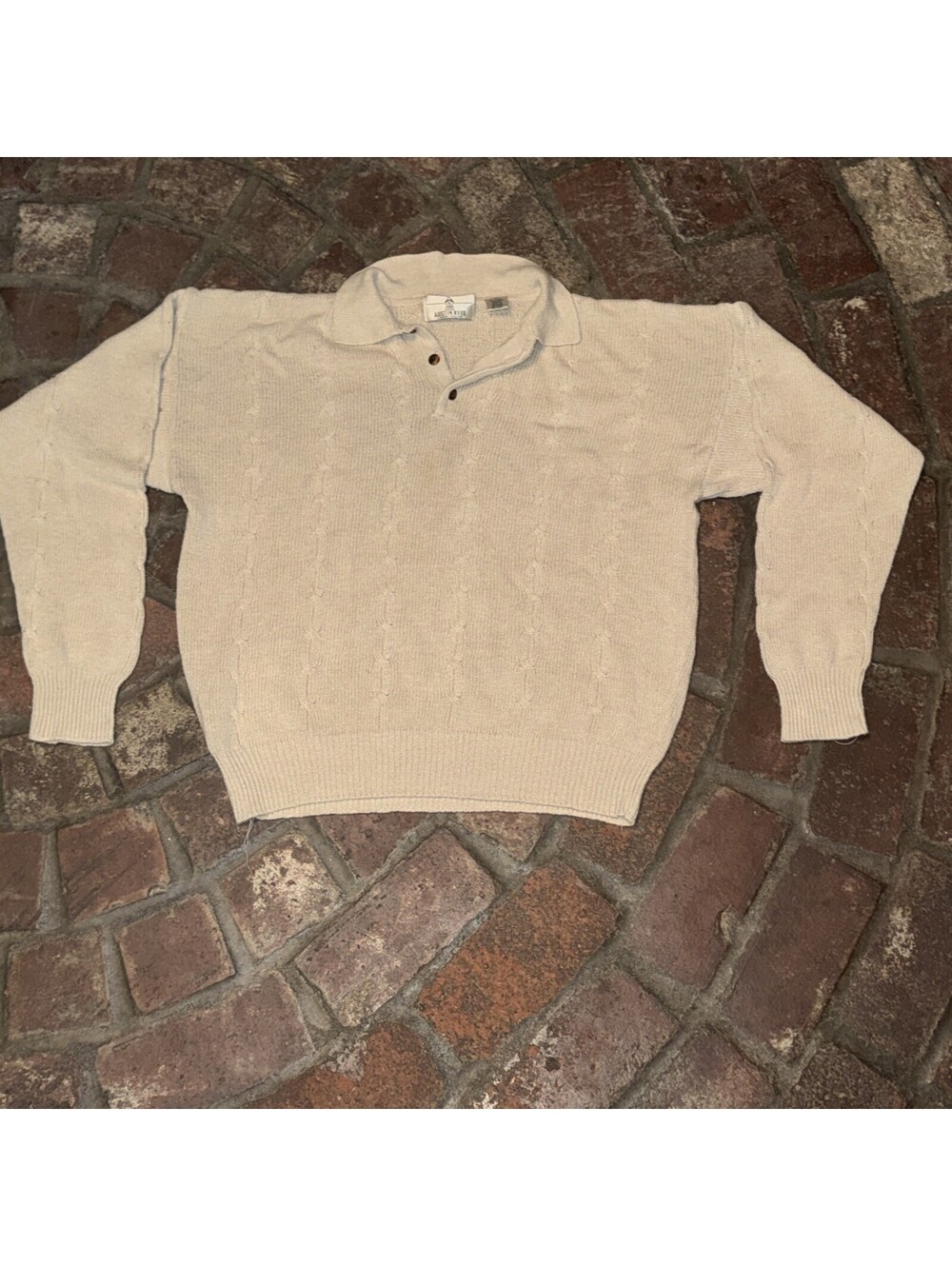 VTG Austin Reed Beige Cable Knit Collared Pullover Sweater 3 Button Size XL